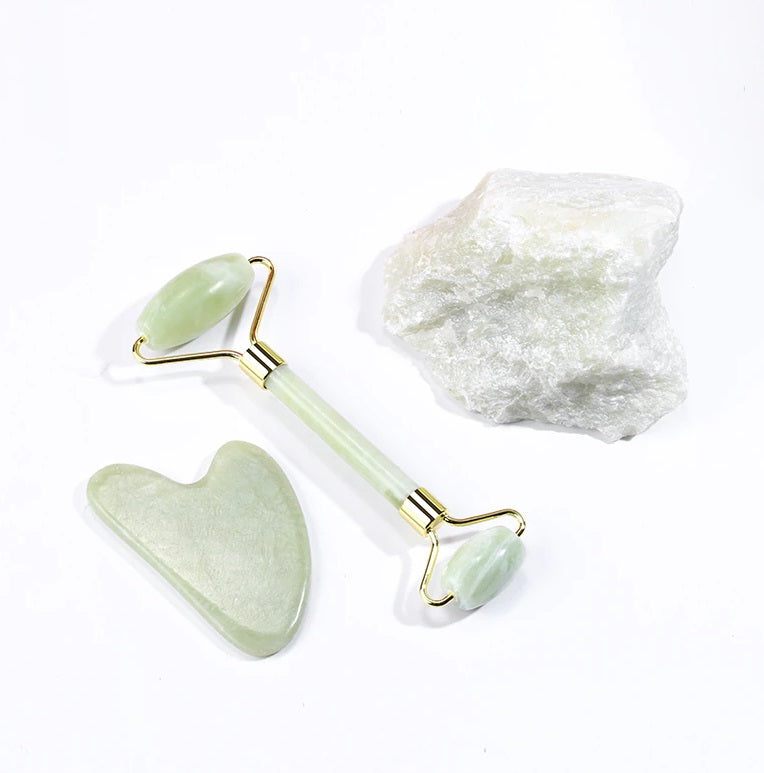 Authentic Jade Facial-Roller and Gua-Sha Stone Set